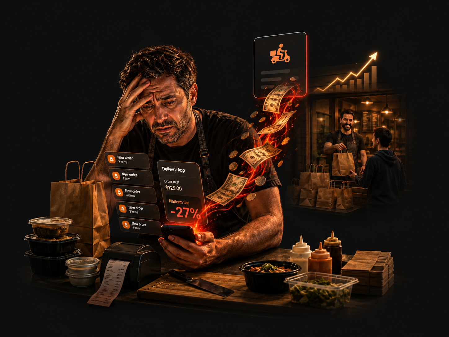 Dono de restaurante estressado olhando o celular com o app de delivery consumindo seu dinheiro