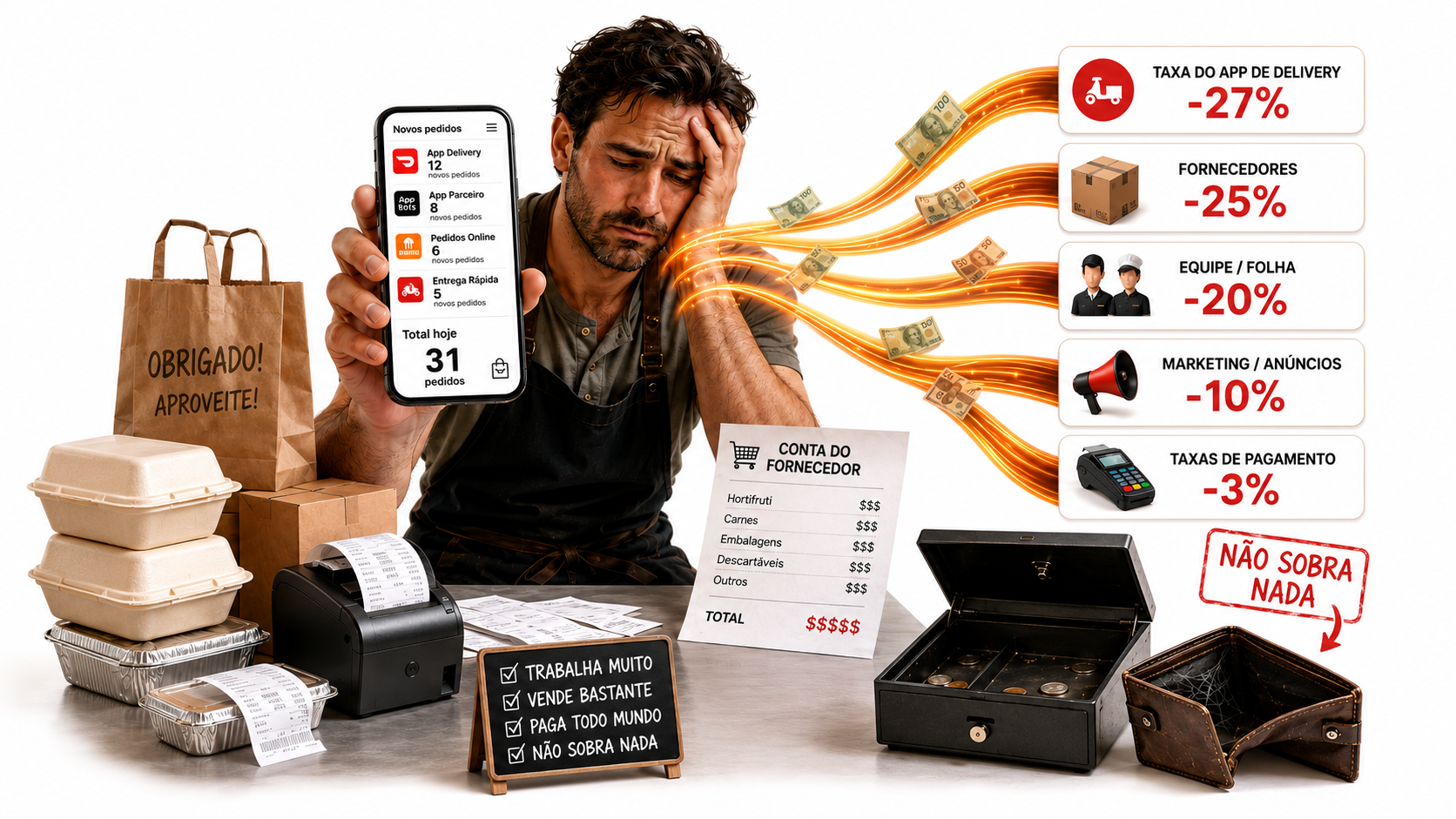 Homem estressado com o dinheiro escoando para as taxas: app de delivery -27%, fornecedores -25%, equipe -20%, marketing -10%, pagamento -3%. Não sobra nada.